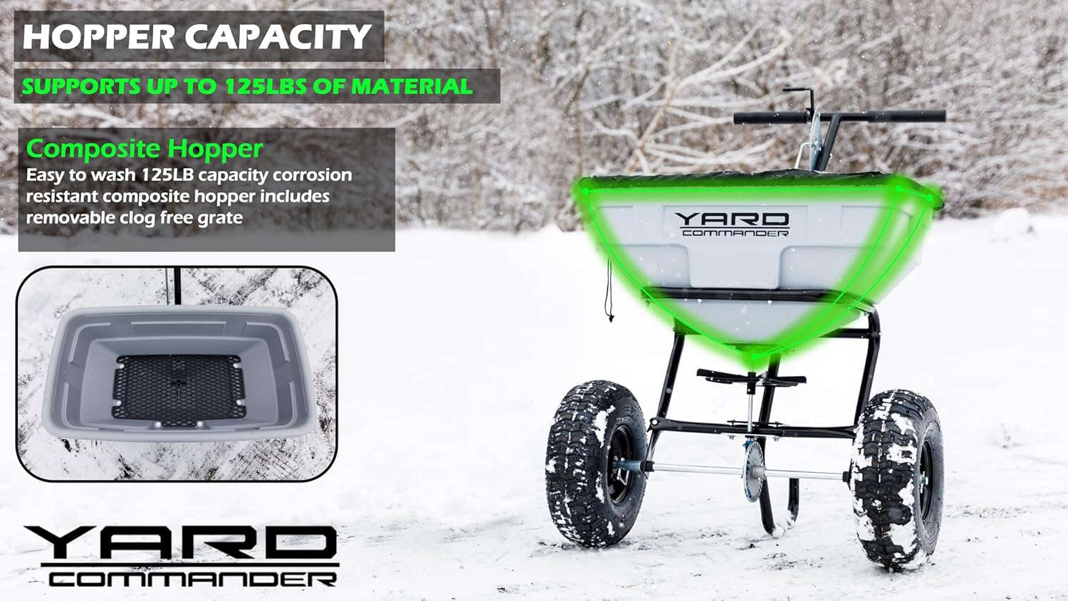 Yard Commander - Commercial Heavy Duty 125-Pound Walk-Behind Push Broadcast Fertilizer Spreader - Corrosion Resistant Hopper - Adjustable Drop Rate - Hopper Cover Included - Clog Free Design4