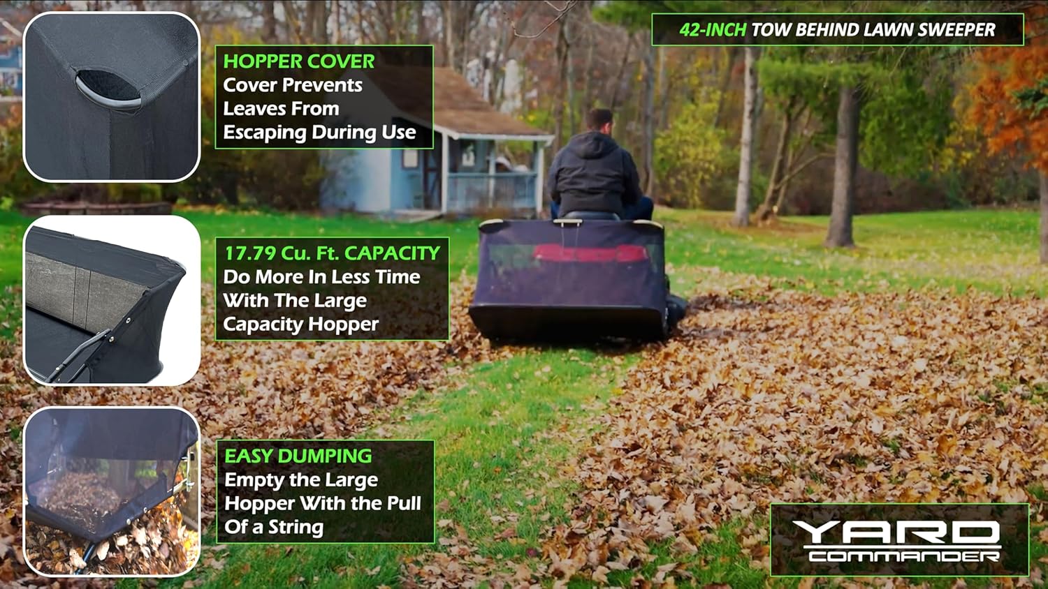 Yard Commander YTL-171-428 42-Inch Tow-Behind Lawn Sweeper, 10 Nylon Brushes, Universal Tractor ATV Hitch, Never-Flat Wheels, Adjustable Height, 1-Year Warranty, Ideal for Leaves, Grass & Debris0