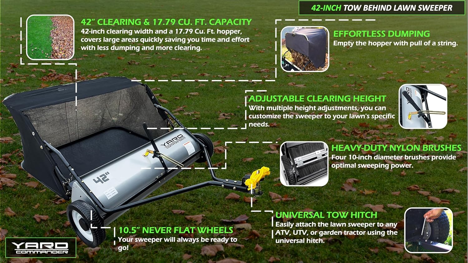 Yard Commander YTL-171-428 42-Inch Tow-Behind Lawn Sweeper, 10 Nylon Brushes, Universal Tractor ATV Hitch, Never-Flat Wheels, Adjustable Height, 1-Year Warranty, Ideal for Leaves, Grass & Debris13