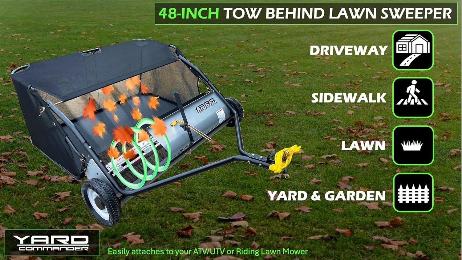Yard Commander YTL-171-435 48-Inch Tow-Behind Lawn Sweeper, 10 Nylon Brushes, Universal Tractor ATV Hitch, Never-Flat Wheels, Adjustable Height, 1-Year Warranty, Ideal for Leaves, Grass & Debris5_11zon