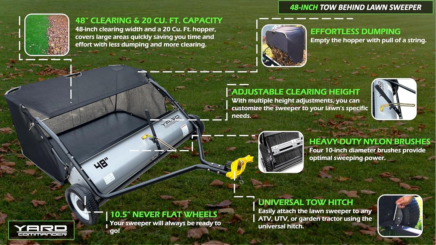 Yard Commander YTL-171-435 48-Inch Tow-Behind Lawn Sweeper, 10 Nylon Brushes, Universal Tractor ATV Hitch, Never-Flat Wheels, Adjustable Height, 1-Year Warranty, Ideal for Leaves, Grass & Debris6_11zon