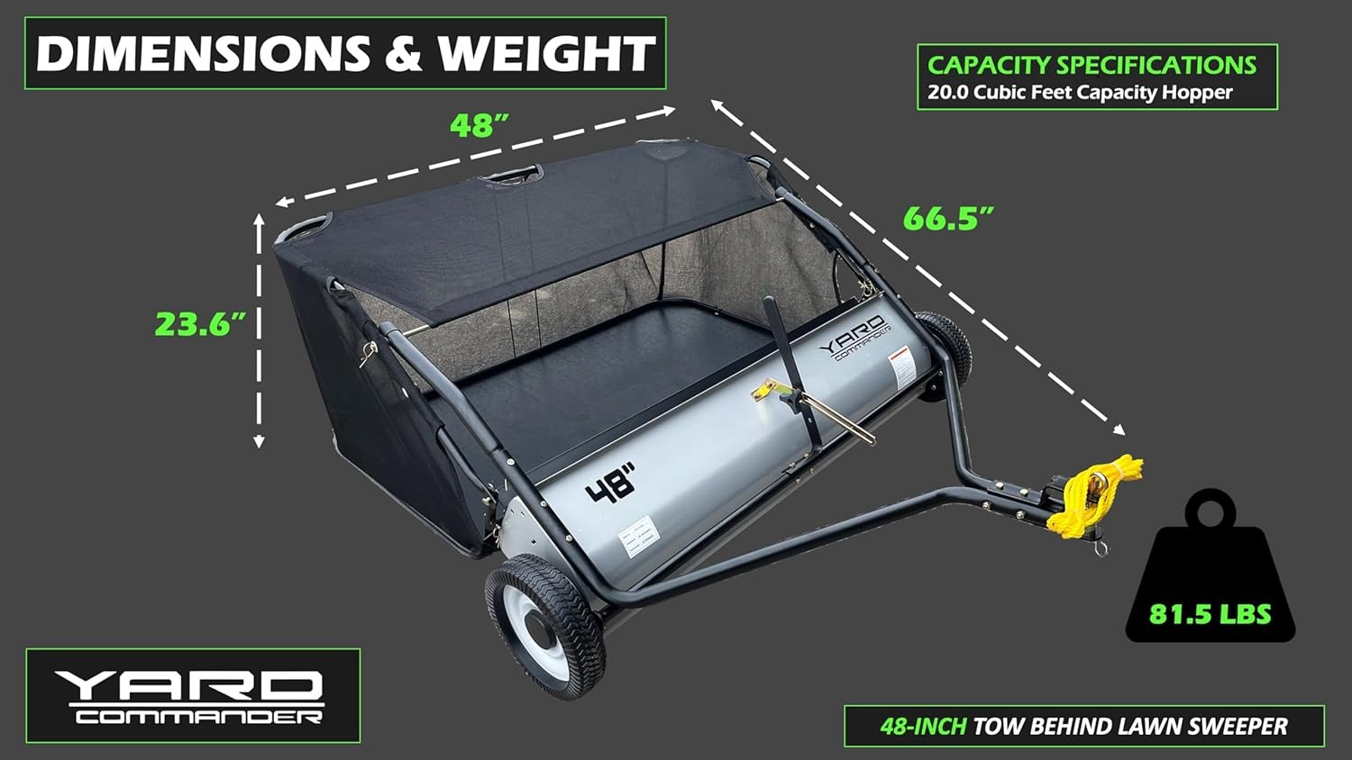 Yard Commander YTL-171-435 48-Inch Tow-Behind Lawn Sweeper, 10 Nylon Brushes, Universal Tractor ATV Hitch, Never-Flat Wheels, Adjustable Height, 1-Year Warranty, Ideal for Leaves, Grass & Debris7_11zon
