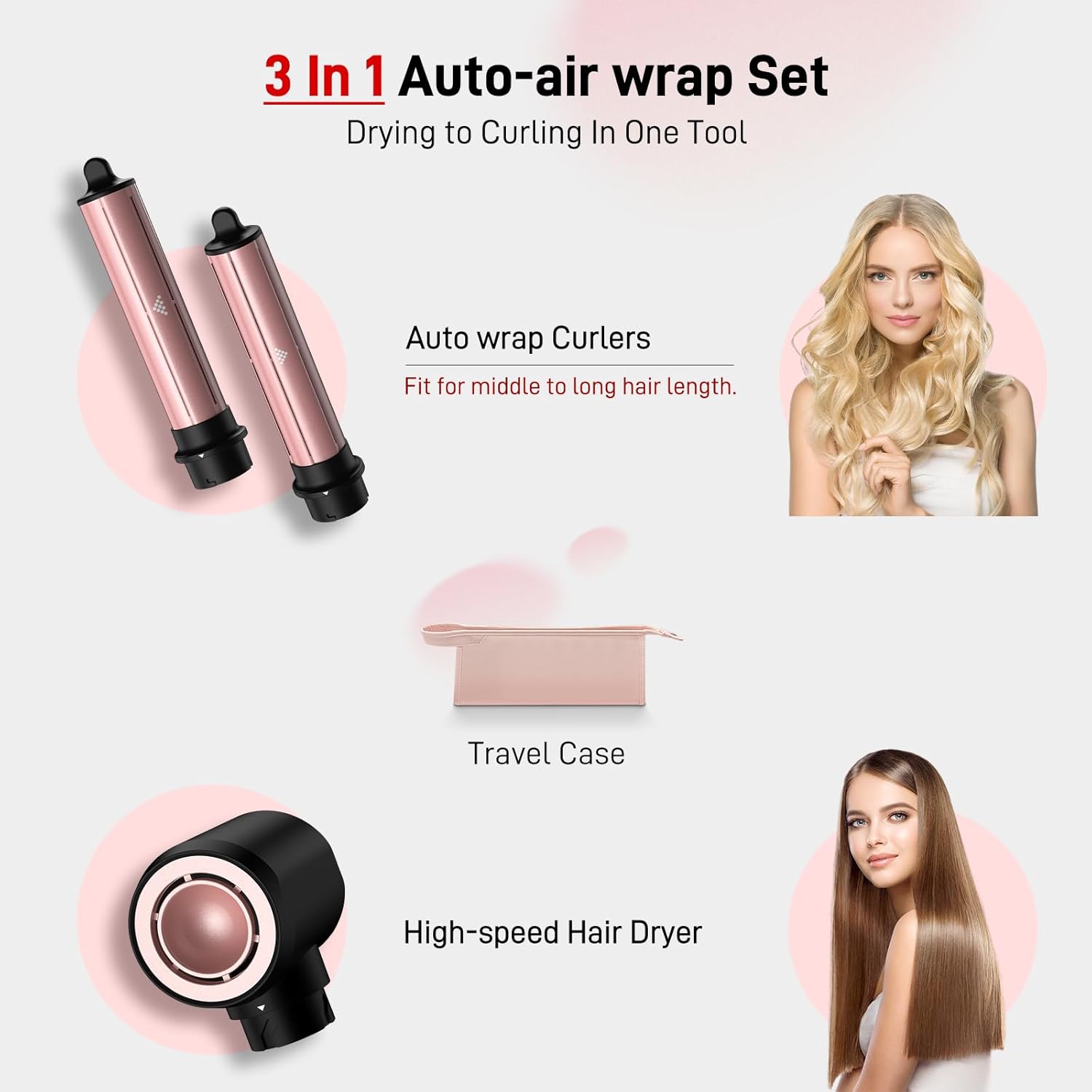 3 in 1 Air Styler with Travel Case - Ionic Hair Dryer & Air Wrap Curlers for Curling Drying, 1 Inch Curling Iron Barrel, Frizz-Free Blow Dryer No Heat Damage Fit for All Hair Types & Lengths1