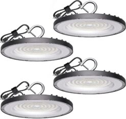 4 Pack LED High Bay Light 200W, 30000lm, 5000K Daylight UFO High Bay LED Shop Lights with 5' Cable US Plug, IP65 Waterproof 120V Commercial Lighting Fixture for Warehouse Workshop Barn Factory