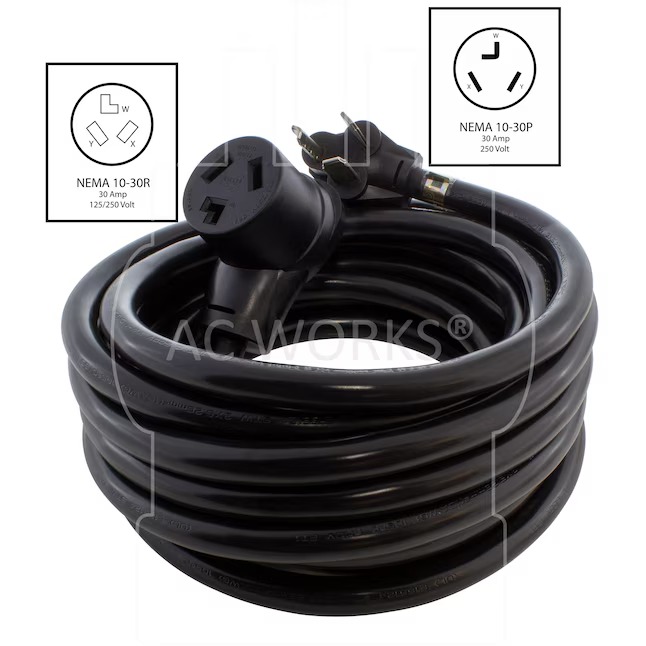 AC WORKS 1030PR-025 25ft NEMA 10-30 Cord 25-ft 10 3 3 Prong Black Indoor Outdoor STW Heavy Duty Appliance Extension Cord9_11zon