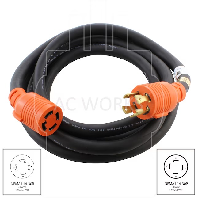 AC WORKS L1430PR-025E 25ft NEMA L14-30 Cord 25-ft 10 4 4 Prong Black Indoor Outdoor SOOW Heavy Duty Locking Extension Cord1_11zon