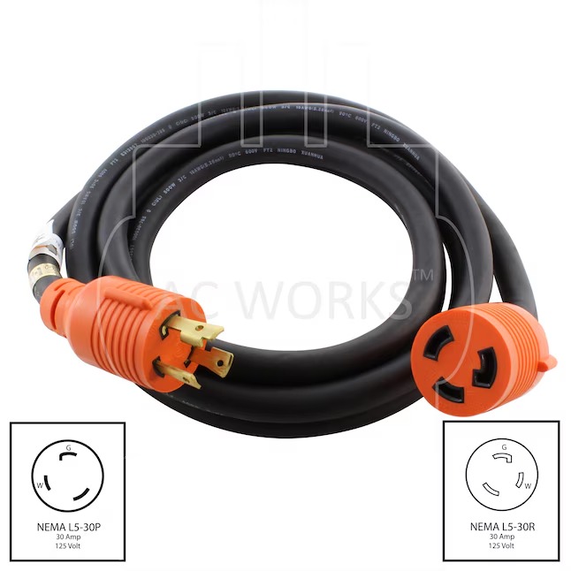 AC WORKS L530PR-025E 25ft NEMA L5-30 Cord 25-ft 10 3 3 Prong Black Indoor Outdoor SOOW Heavy Duty Locking Extension Cord1_11zon