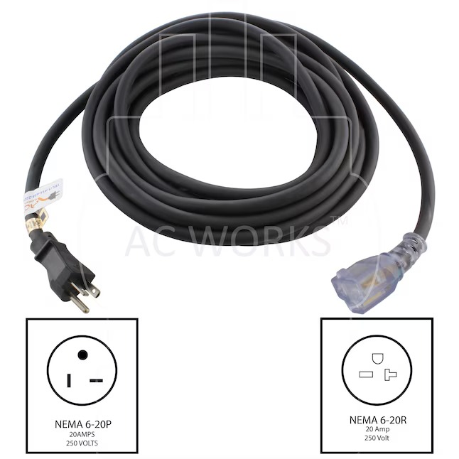 AC WORKS S620PR-025 25ft NEMA 6-20 Cord 25-ft 12 3 3 Prong Black Indoor Outdoor SJTW Heavy Duty General Extension Cord1_11zon
