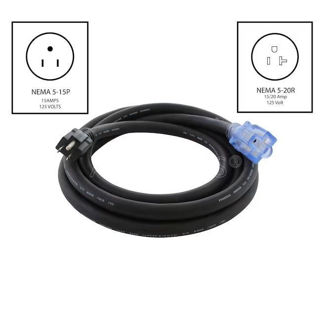 AC WORKS SD515520-010E 10ft NEMA 5-15P to NEMA 5-20R 10-ft 10 3 3 Prong Black Indoor Outdoor SOOW Super Heavy Duty General Extension Cord1_11zon