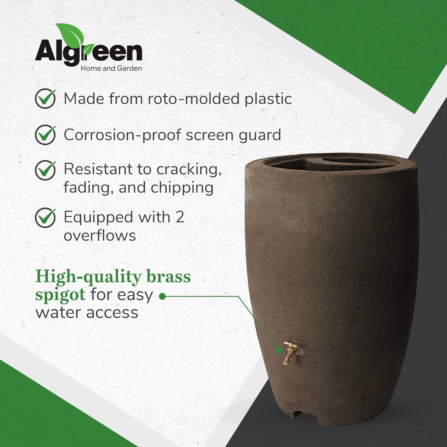 Algreen Athena Plastic Rain Barrel w Brass Spigot, Debris Screen & Dual Overflow, 50 Gal4