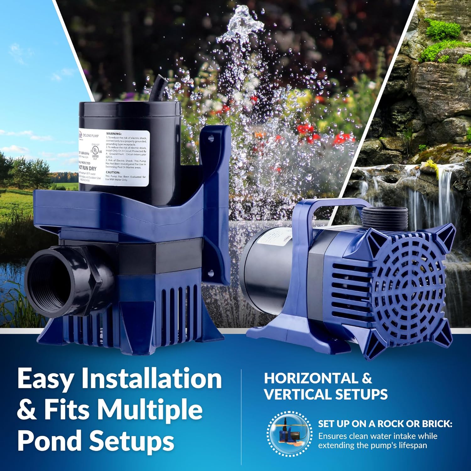 Alpine Corporation 2100 GPH Submersible Water Pump with 33 FT Cord and Adapters for Ponds, Fountains, Waterfalls, and Water Circulation, 192 Watts 20 FT Lift Quiet Operation Vertical Horizontal11