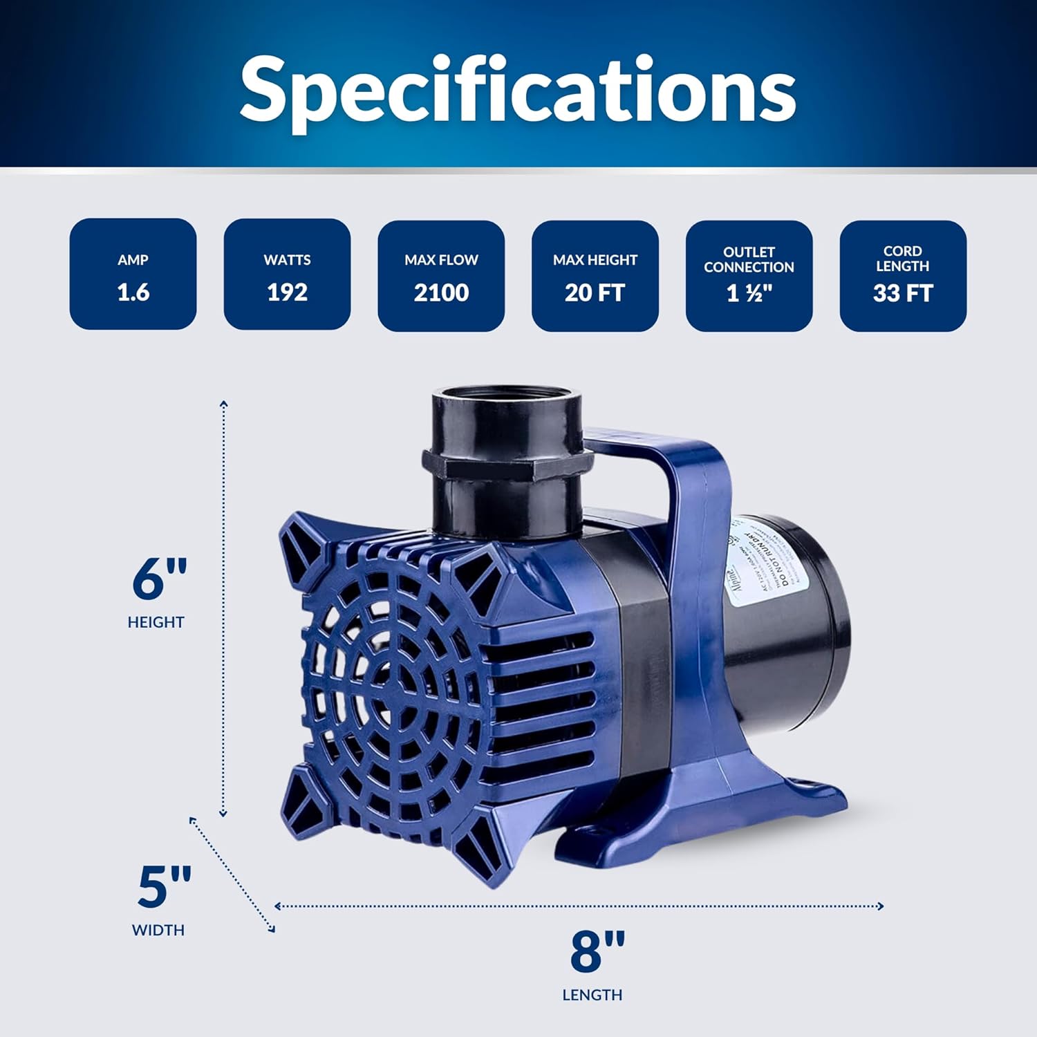 Alpine Corporation 2100 GPH Submersible Water Pump with 33 FT Cord and Adapters for Ponds, Fountains, Waterfalls, and Water Circulation, 192 Watts 20 FT Lift Quiet Operation Vertical Horizontal12