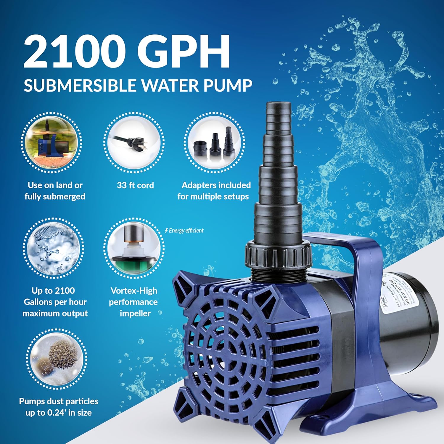 Alpine Corporation 2100 GPH Submersible Water Pump with 33 FT Cord and Adapters for Ponds, Fountains, Waterfalls, and Water Circulation, 192 Watts 20 FT Lift Quiet Operation Vertical Horizontal7