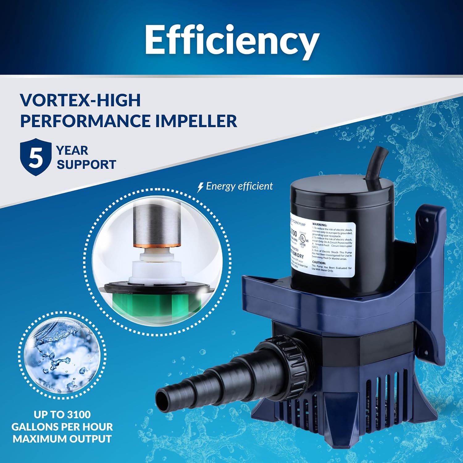 Alpine Corporation 2100 GPH Submersible Water Pump with 33 FT Cord and Adapters for Ponds, Fountains, Waterfalls, and Water Circulation, 192 Watts 20 FT Lift Quiet Operation Vertical Horizontal9