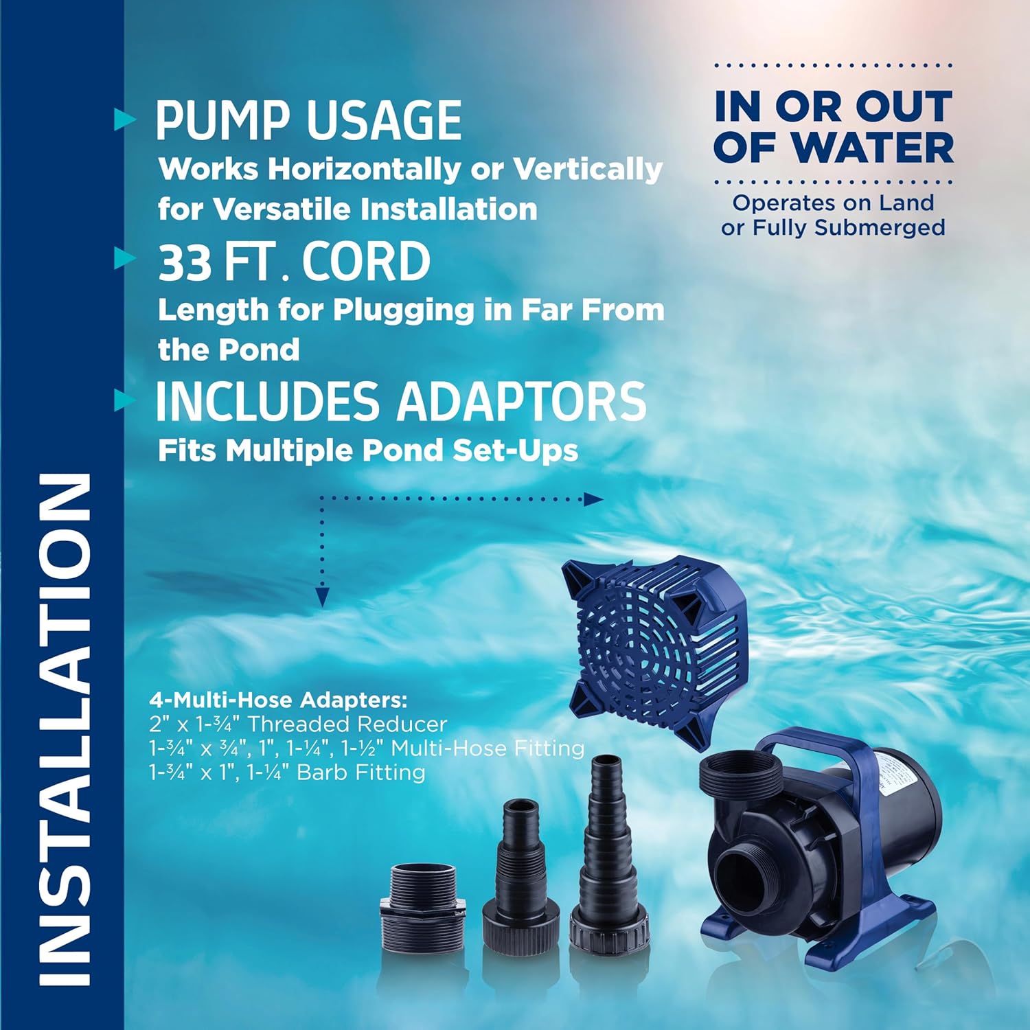 Alpine Corporation - 4000 GPH Submersible Water Pump with 33 FT Cord & Adapters for Ponds, Fountains, Waterfalls – Energy-Efficient, Quiet Operation, Vertical Horizontal Use, 306 Watts, 21 FT Lift4