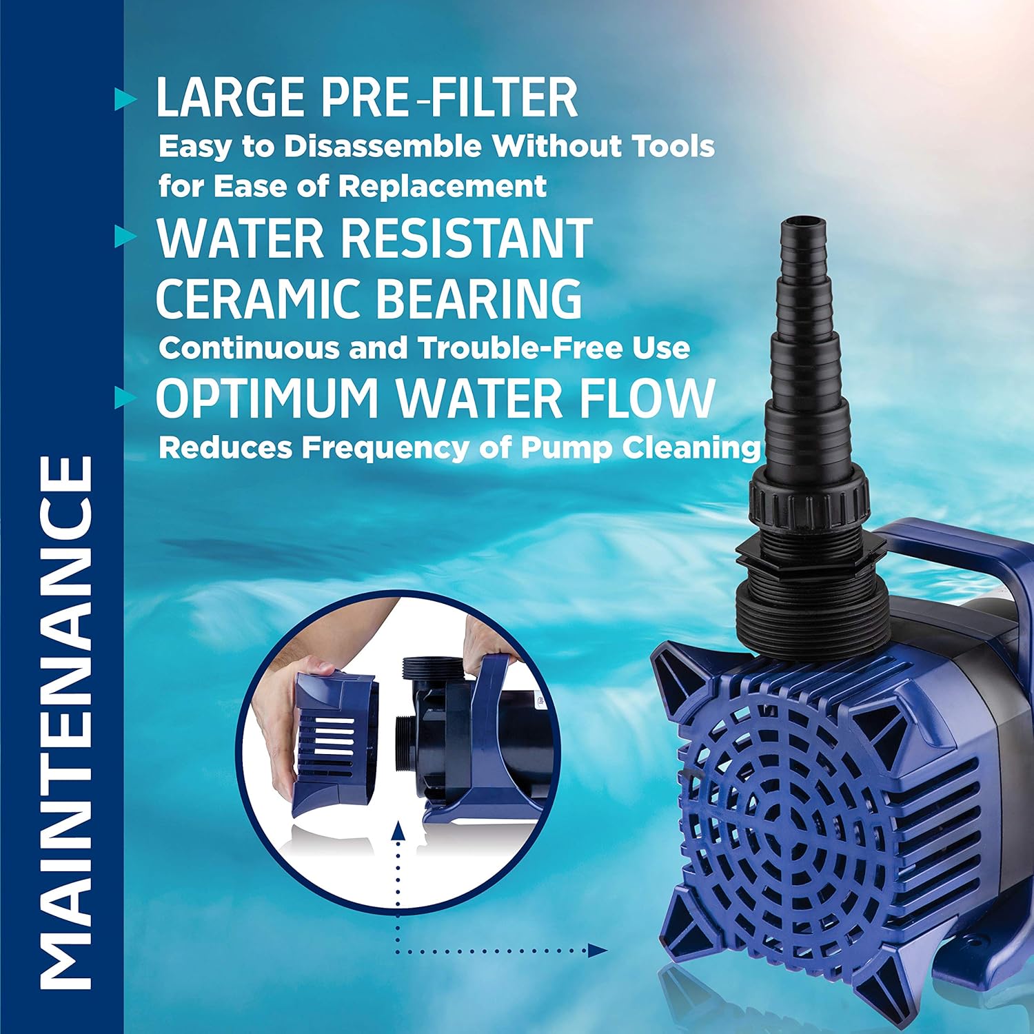 Alpine Corporation 6550 GPH Submersible Water Pump with 33 FT Cord and Adapters for Ponds, Fountains, Waterfalls, and Water Circulation, 456 Watts 26 FT Lift Quiet Operation Vertical Horizontal6