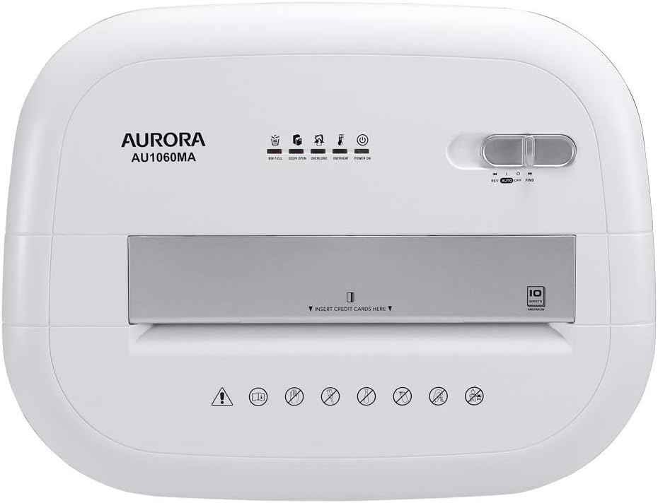 Aurora AU1060MA Professional Grade 10-Sheet High Security Micro-Cut Paper and Credit Card Shredder 60 Minutes Security Level P-5, White, AU1060MA 10-Sheet High Security Microcut6