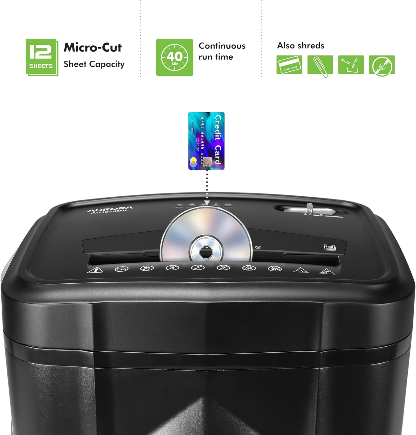 Aurora AU1225MA High-Security 12-Sheet Micro-Cut Paper and CD Credit Card Shredder 5-Gallon Pullout Basket 40 Minutes Run Time1