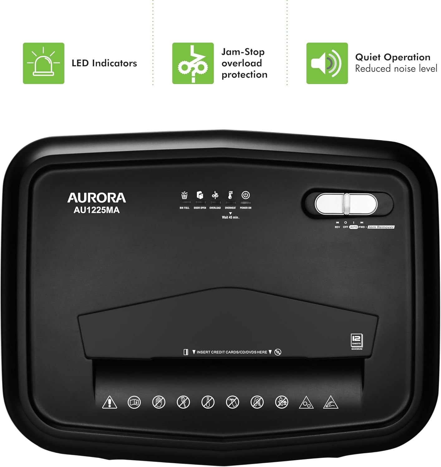 Aurora AU1225MA High-Security 12-Sheet Micro-Cut Paper and CD Credit Card Shredder 5-Gallon Pullout Basket 40 Minutes Run Time4