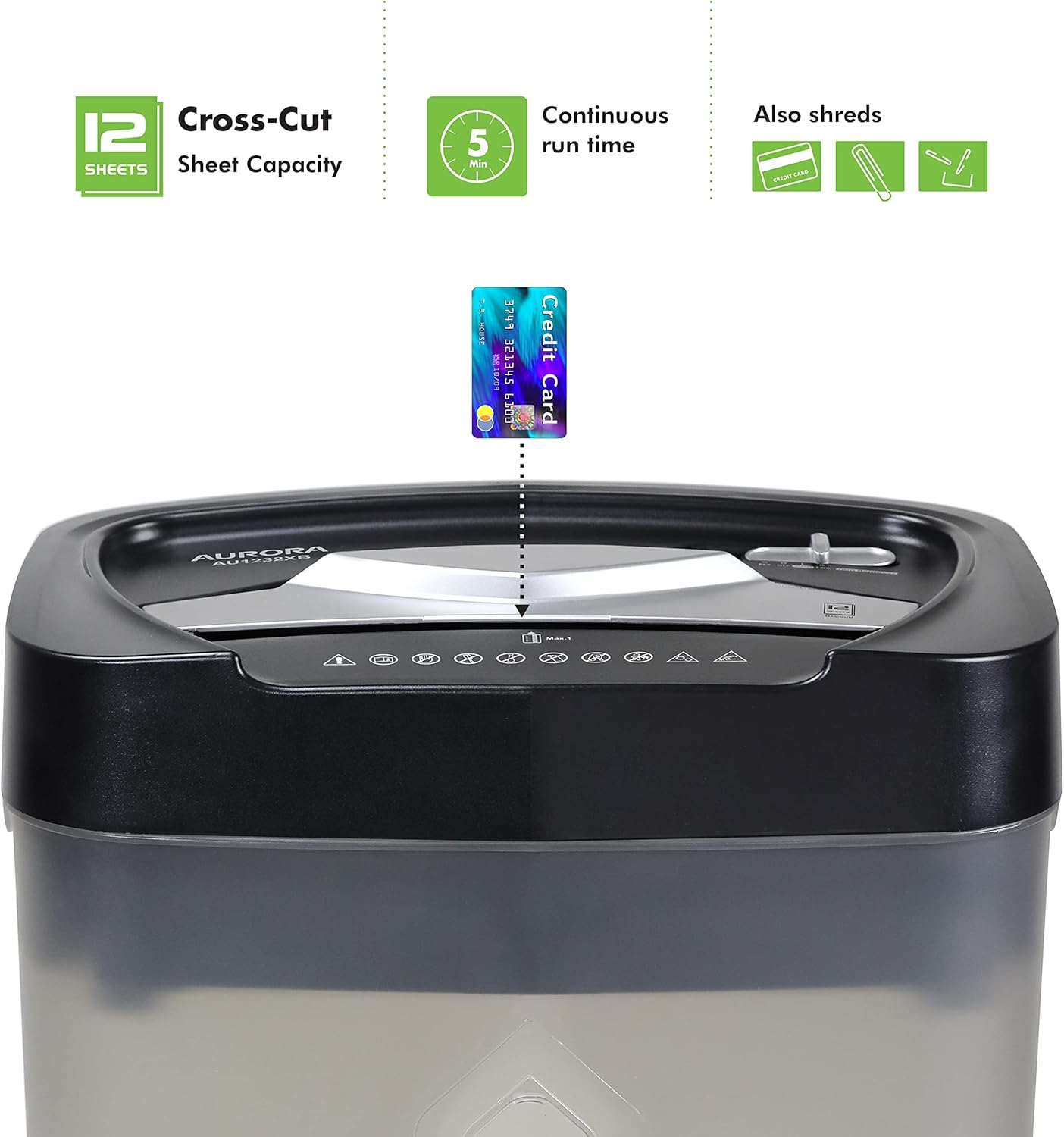 Aurora AU1232XB Anti-Jam 12-Sheet Crosscut Paper Credit Card Shredder with 5.2-Gallon Wastebasket (Black Semi Translucent Gray)1