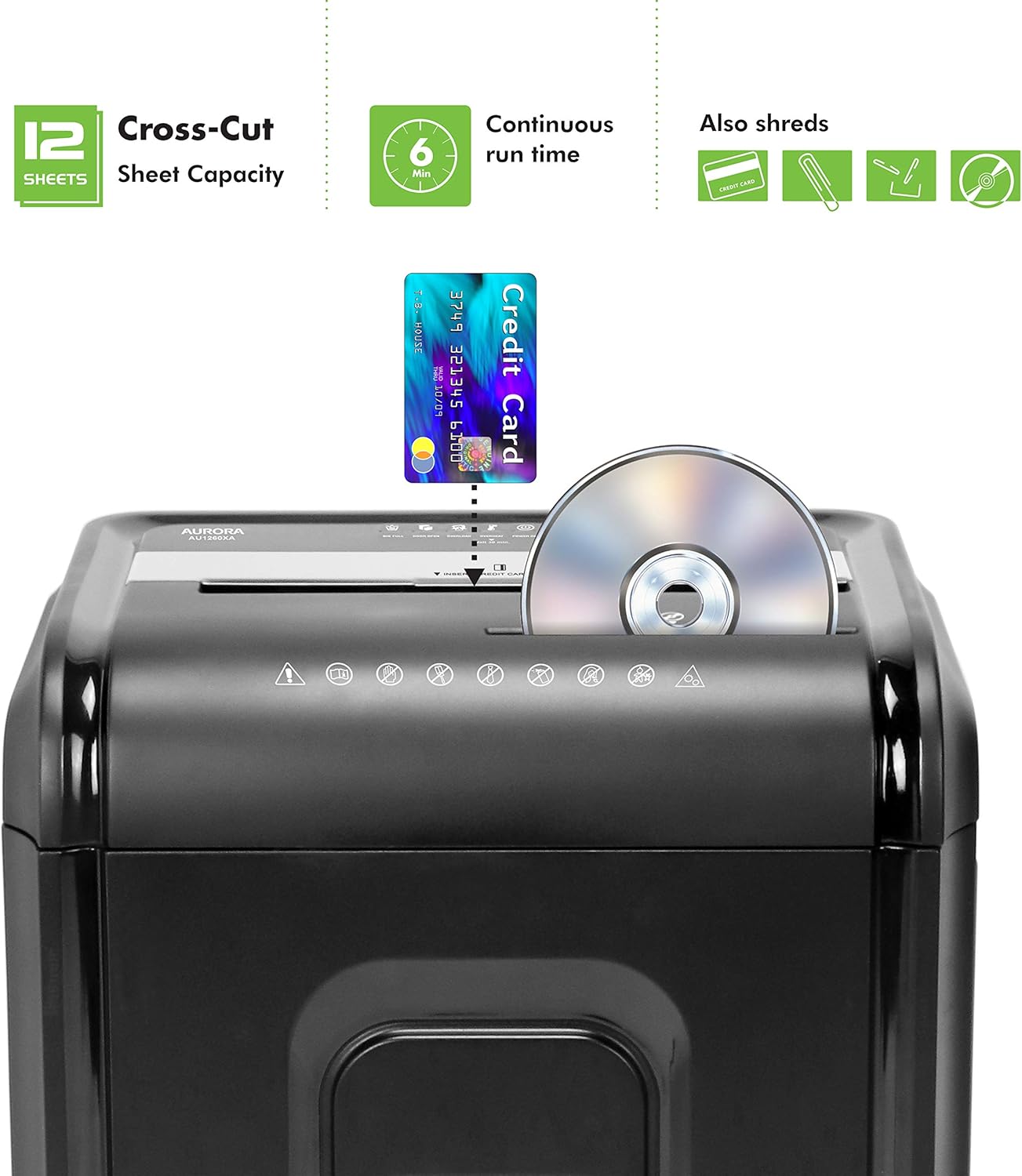 Aurora AU1260XA Anti-Jam 12-Sheet Crosscut Paper and CD Credit Card Shredder1