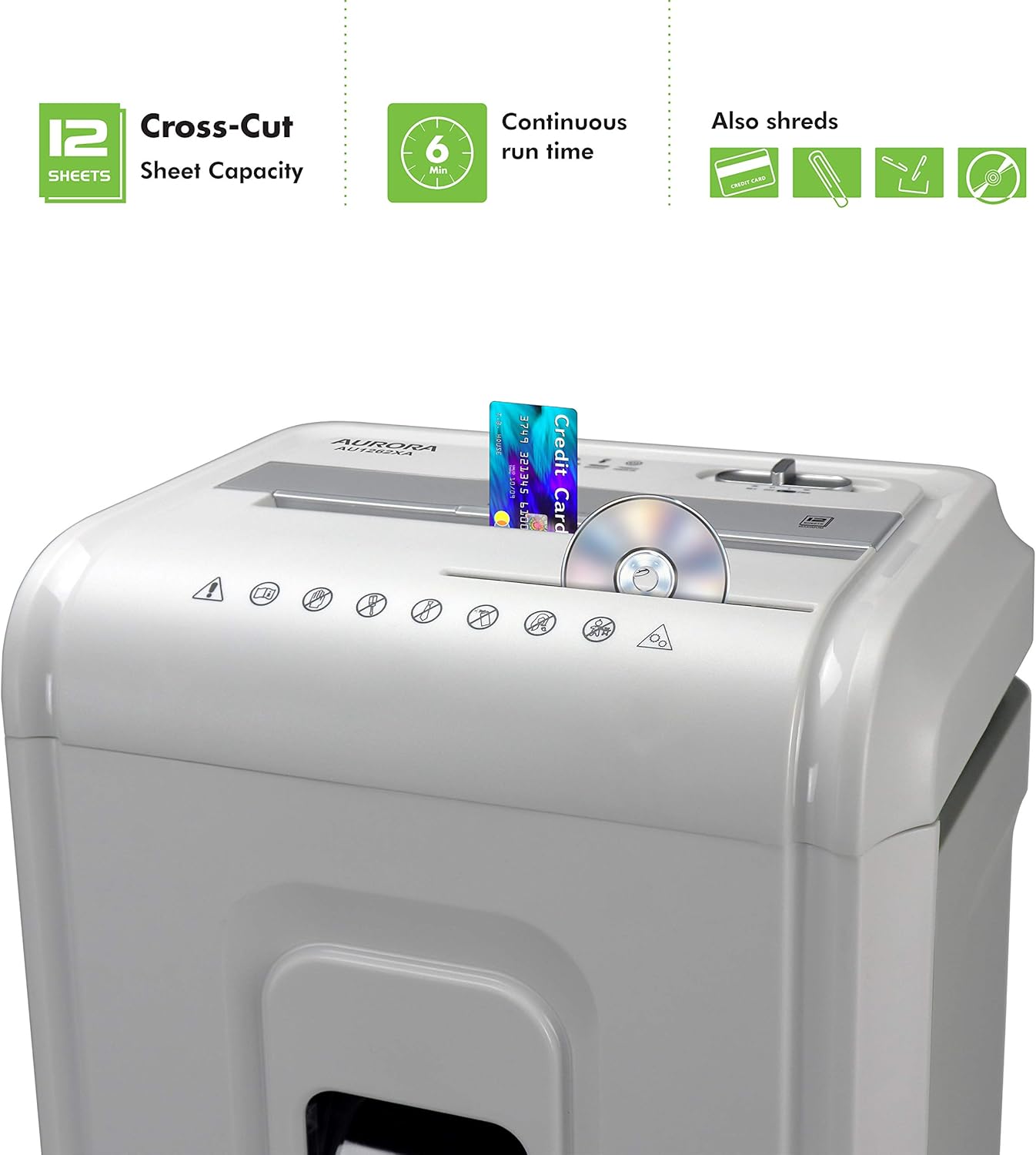 Aurora AU1262XA Anti-Jam 12-Sheet Crosscut Paper and CD Credit Card Shredder, White Gray1