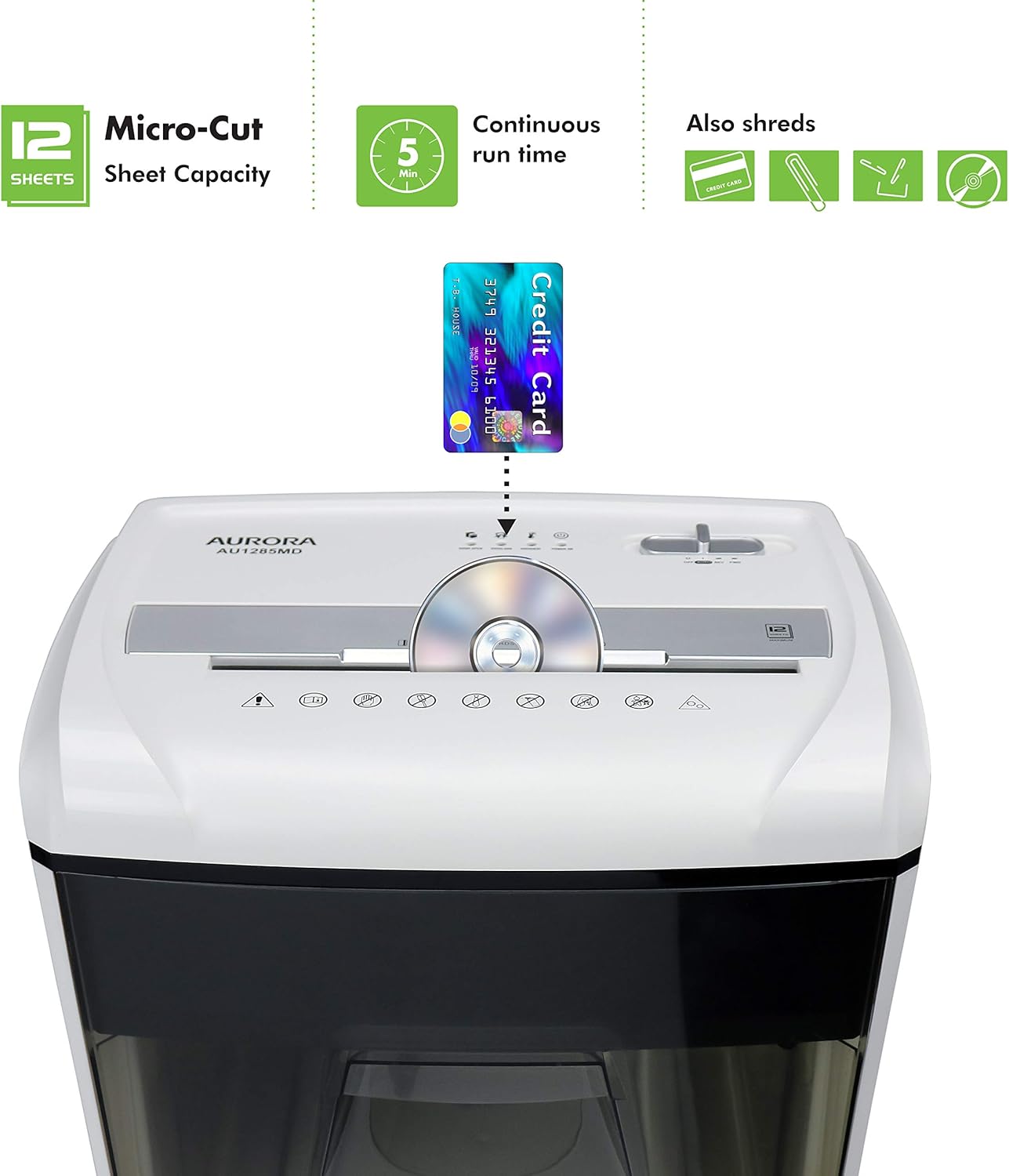 Aurora AU1285MD Compact Desktop-Style High Security 12-Sheet Micro-Cut Paper and CD Credit Card Junk Mail Pullout Basket Shredder, White Black1