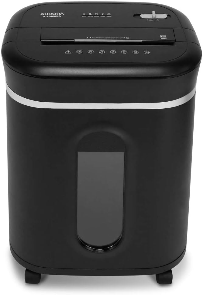 Aurora AU1460XA Anti-Jam 14-Sheet Crosscut Paper CD and Credit Card Shredder with 6-Gallon pullout Basket 120 Minutes Continuous Run Time1