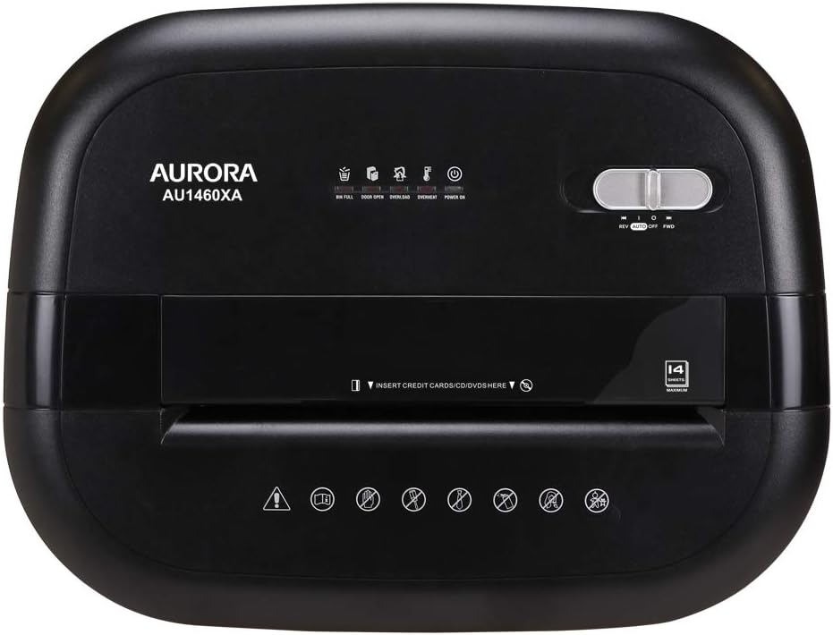 Aurora AU1460XA Anti-Jam 14-Sheet Crosscut Paper CD and Credit Card Shredder with 6-Gallon pullout Basket 120 Minutes Continuous Run Time8