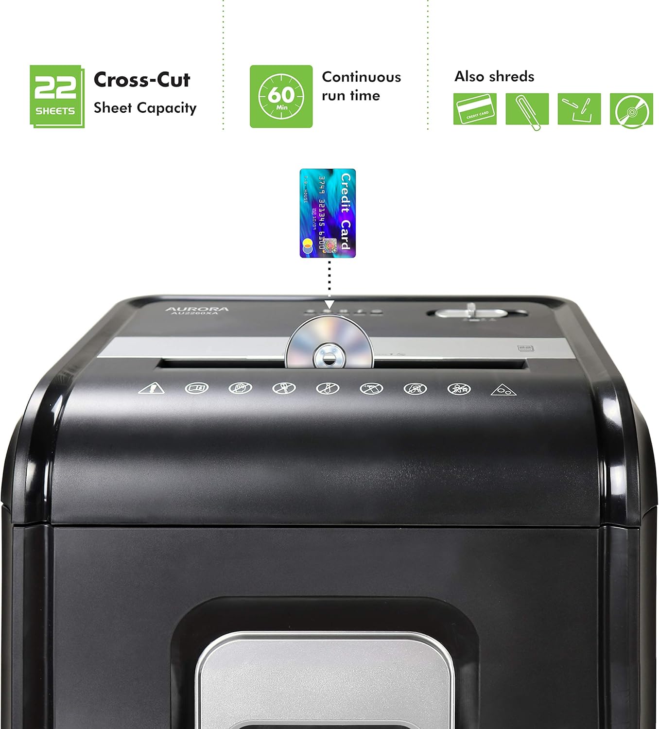 Aurora AU2260XA Heavy Duty Anti-Jam 22-Sheet Crosscut Shredder 60 Min Run Time 7-Gallon Pullout Basket and Casters12