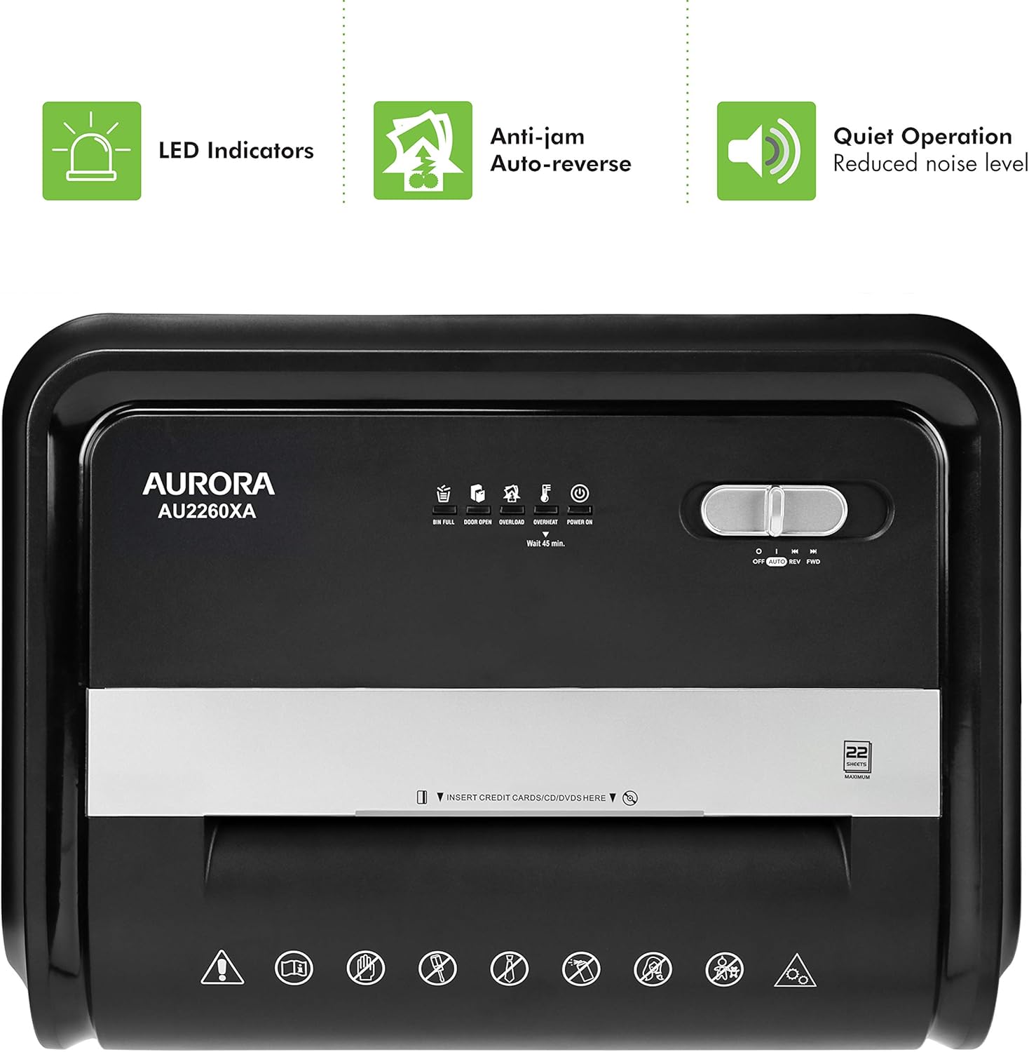 Aurora AU2260XA Heavy Duty Anti-Jam 22-Sheet Crosscut Shredder 60 Min Run Time 7-Gallon Pullout Basket and Casters2