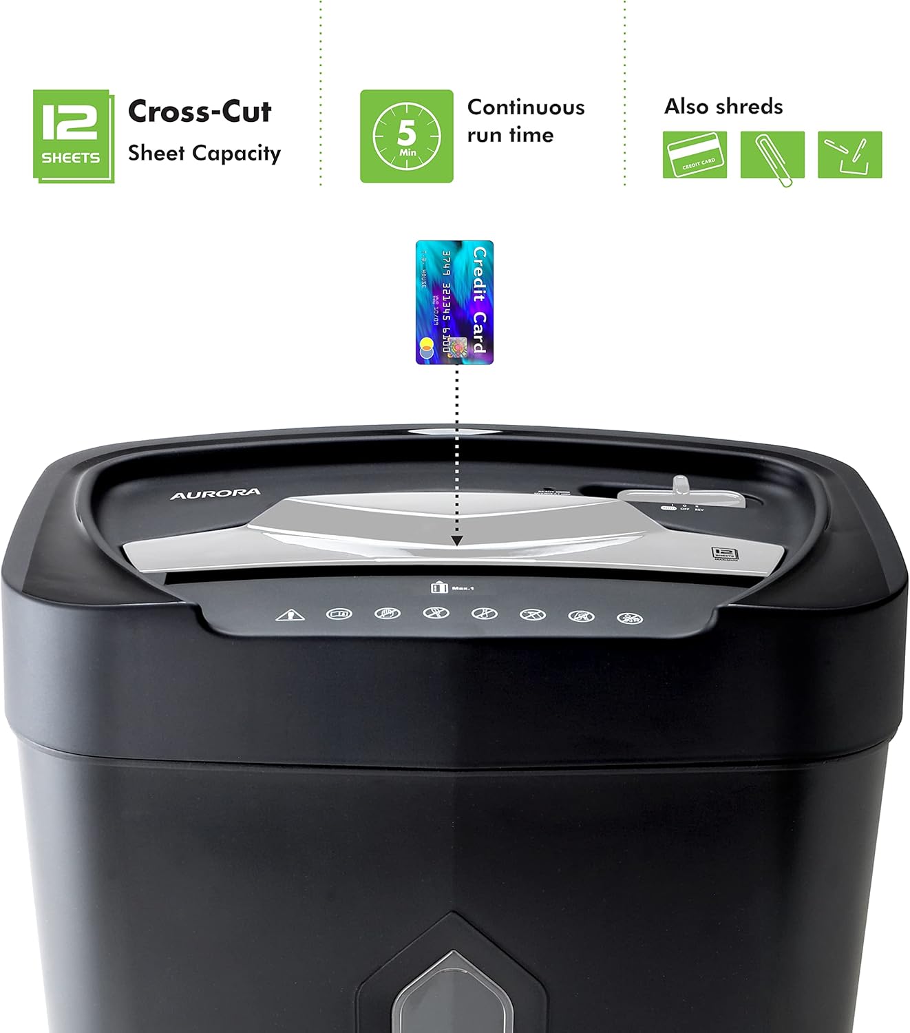 Aurora Anti-Jam 12-Sheet Crosscut Paper and Credit Card Shredder with 5.2-Gallon Wastebasket1