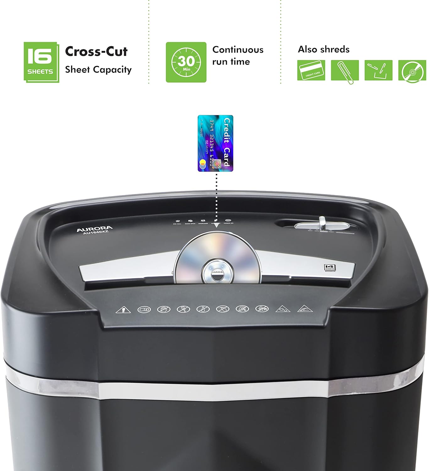 Aurora Anti-Jam 16-Sheet Crosscut Paper CD and Credit Card Shredder 5-Gallon pullout Basket 30 Minutes Continuous Run Time7