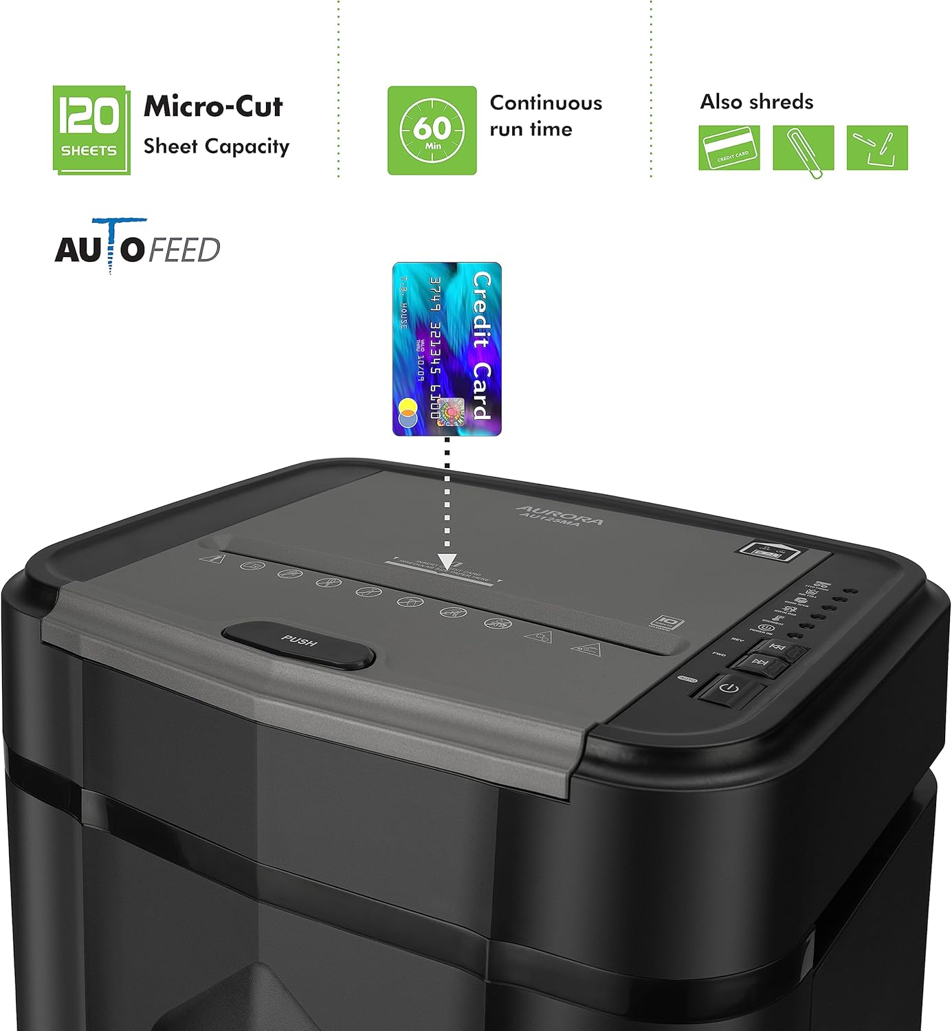 Aurora Professional Grade AU125MA 120-Sheet Auto Feed High-Security Micro-Cut Paper Shredder 60 Minutes Security Level P-52