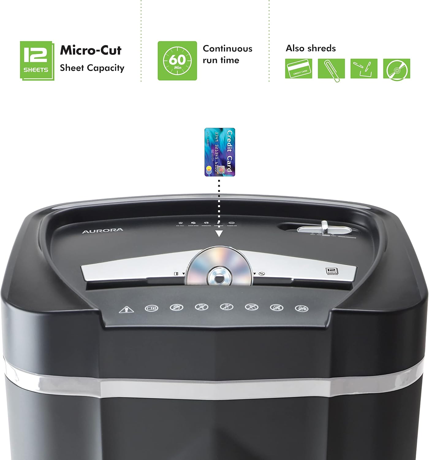 Aurora Professional Grade High Security 12-Sheet Micro-Cut Paper CD and Credit Card Shredder 60 Minutes Continuous Run Time1