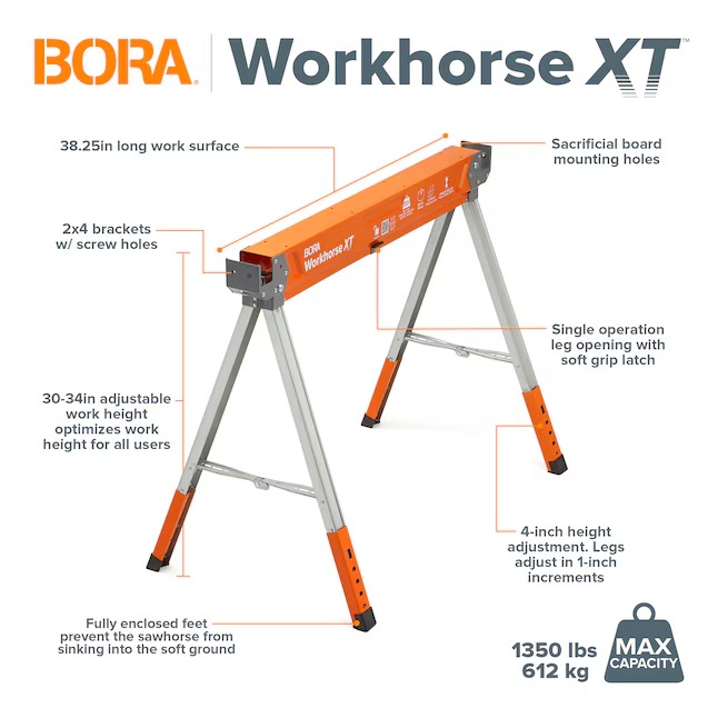 BORA PM-3360 Workhorse XT 38-in W x 30-in H Adjustable Steel Saw Horse ( 1350-lb Capacity)1_11zon