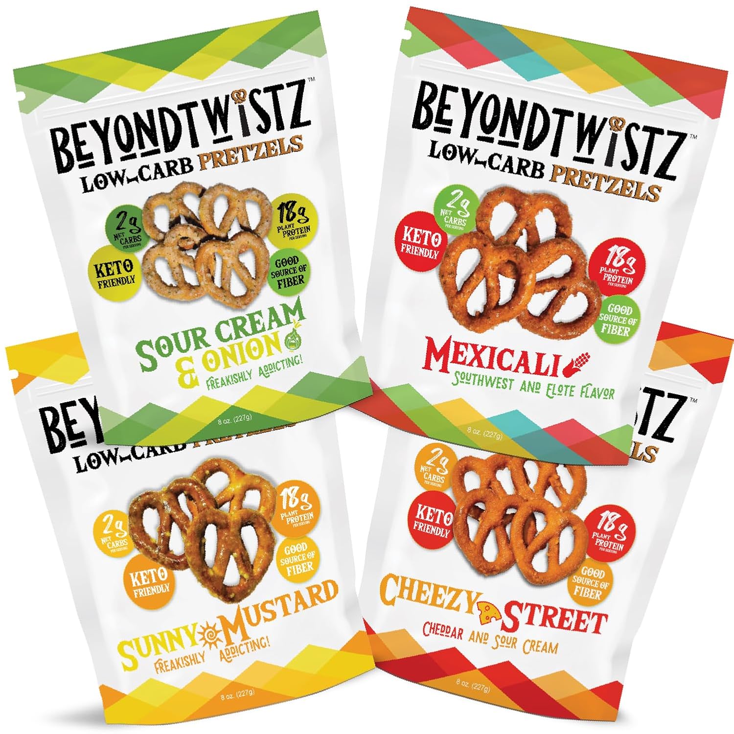 BeyondTwistz Low Carb Pretzels, Flavor Explosion Pack, Keto Friendly, 2g Net Carbs, 18g Protein, Powered By HealthSense® High Fiber Wheat Flour, Family Size 8oz Bag, Pack of 4 BeyondTwistz Low Carb Pretzels, Flavor Explosion Pack, Keto Friendly, 2g Net Carbs, 18g Protein, Powered By HealthSense® High Fiber Wheat Flour, Family Size 8oz Bag, Pack of 4