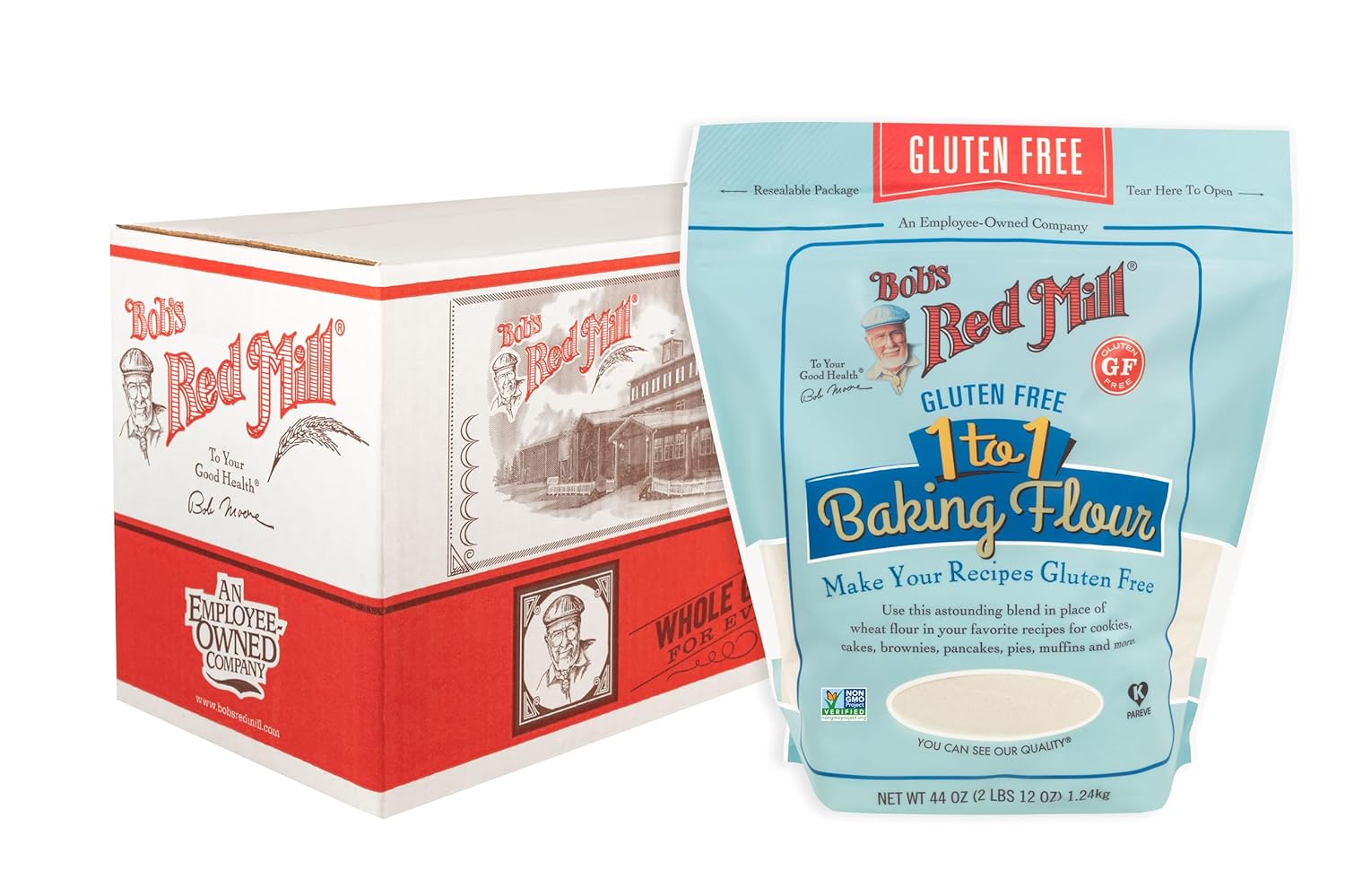 Bob's Red Mill Gluten Free 1 to 1 Baking Flour, 44oz (Pack of 4) - Non GMO, Vegan, Kosher Bob's Red Mill Gluten Free 1 to 1 Baking Flour, 44oz (Pack of 4) - Non GMO, Vegan, Kosher