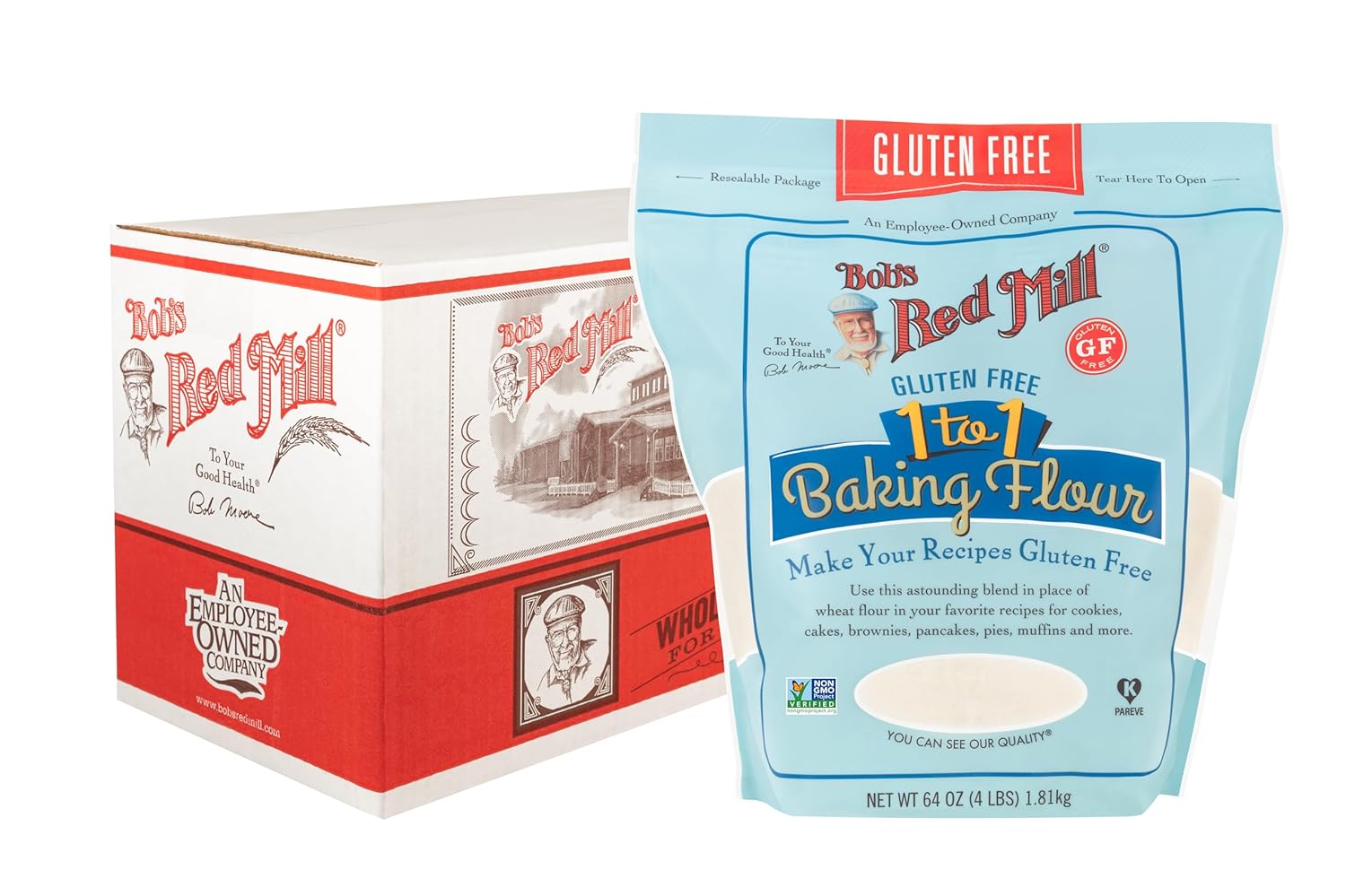 Bob's Red Mill Gluten Free 1 to 1 Baking Flour, 64oz (Pack of 4) - Non GMO, Vegan, Kosher Bob's Red Mill Gluten Free 1 to 1 Baking Flour, 64oz (Pack of 4) - Non GMO, Vegan, Kosher