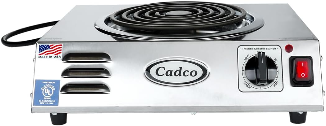 Cadco CSR-3T 14 Electric Portable Countertop Hi-Power Hot Plate w One Tubular Burner for Restaurant Hotel Food Truck Concession Kiosk, Stainless Steel, 120v2