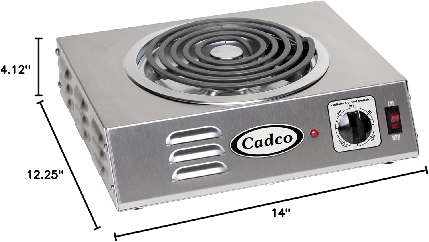 Cadco CSR-3T 14 Electric Portable Countertop Hi-Power Hot Plate w One Tubular Burner for Restaurant Hotel Food Truck Concession Kiosk, Stainless Steel, 120v5
