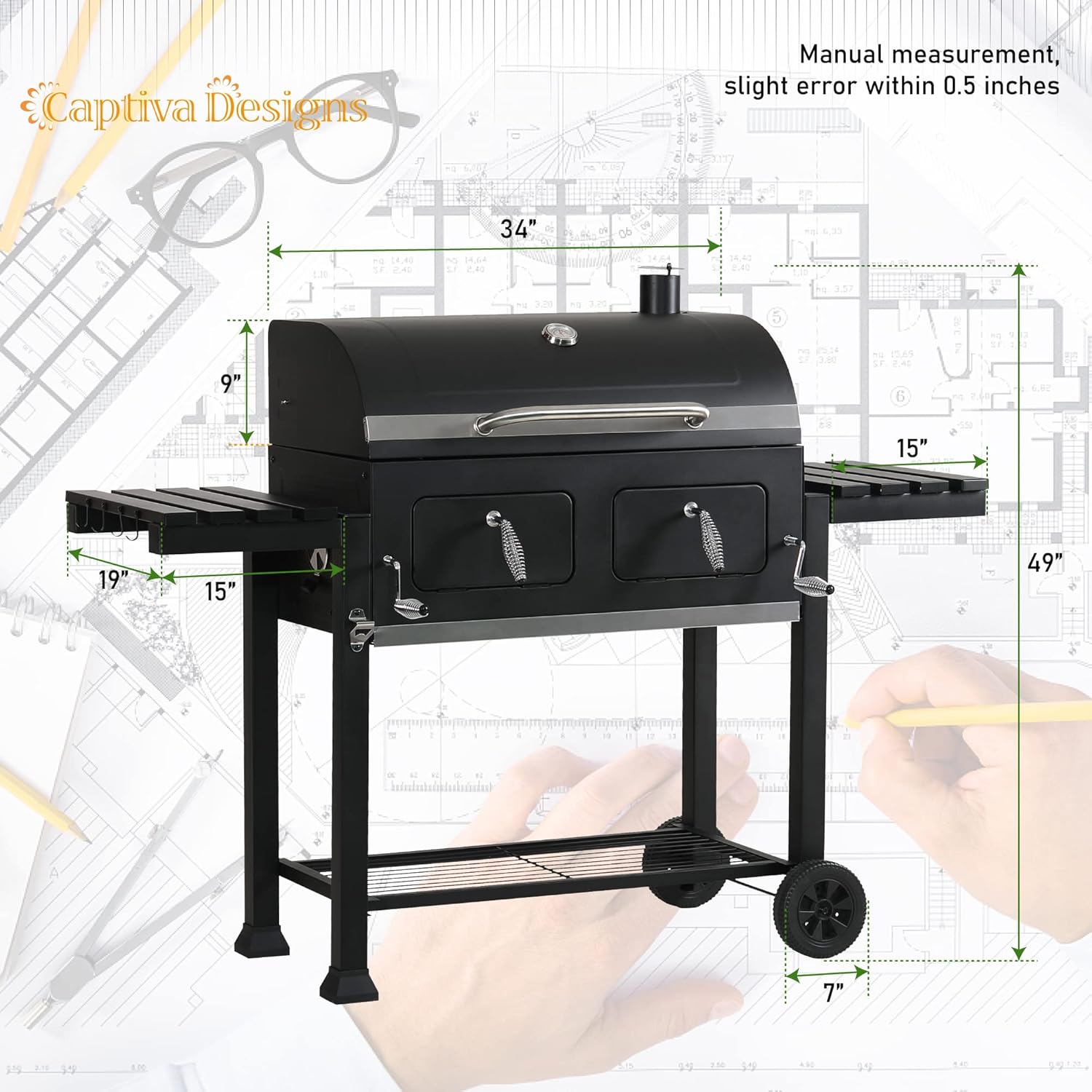 Captiva Designs Extra Large Charcoal BBQ Grill with Oversize Cooking Area(794 SQIN), Outdoor Cooking Grill with 2 Individual Lifting Charcoal Trays and 2 Foldable Side Tables11