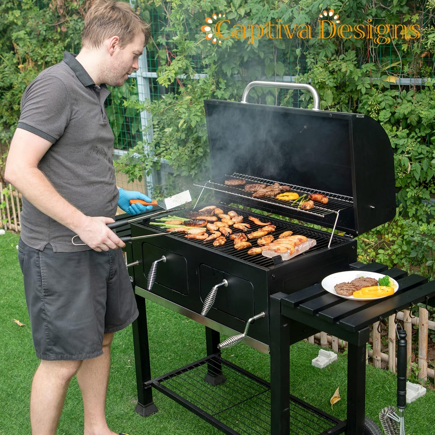 Captiva Designs Extra Large Charcoal BBQ Grill with Oversize Cooking Area(794 SQIN), Outdoor Cooking Grill with 2 Individual Lifting Charcoal Trays and 2 Foldable Side Tables12