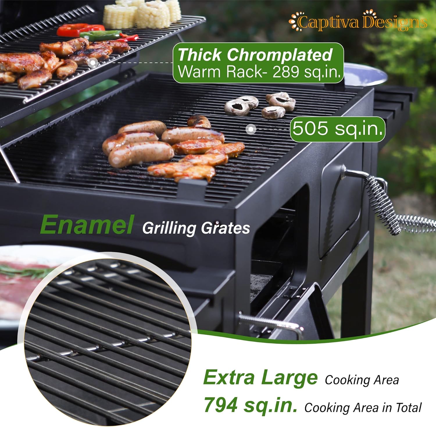 Captiva Designs Extra Large Charcoal BBQ Grill with Oversize Cooking Area(794 SQIN), Outdoor Cooking Grill with 2 Individual Lifting Charcoal Trays and 2 Foldable Side Tables2