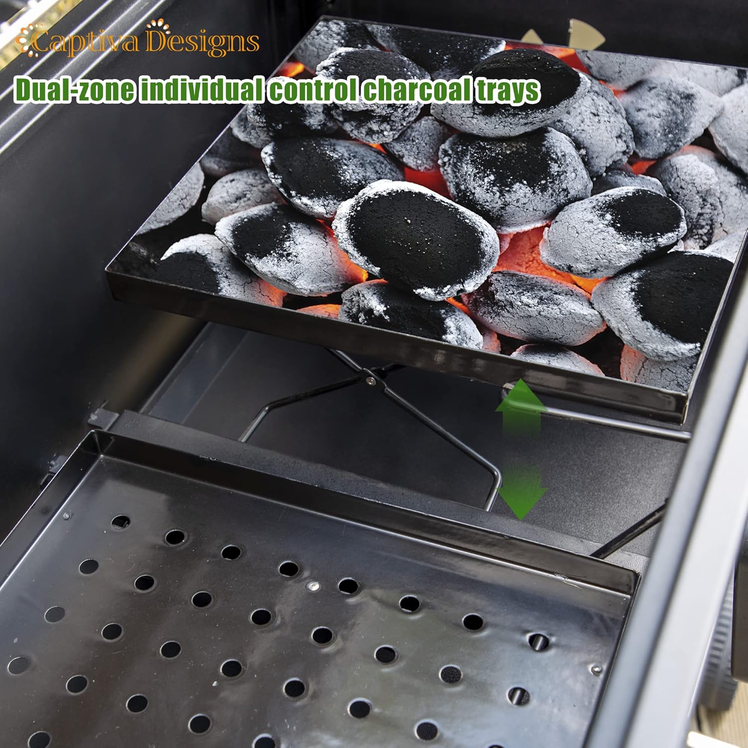 Captiva Designs Extra Large Charcoal BBQ Grill with Oversize Cooking Area(794 SQIN), Outdoor Cooking Grill with 2 Individual Lifting Charcoal Trays and 2 Foldable Side Tables4