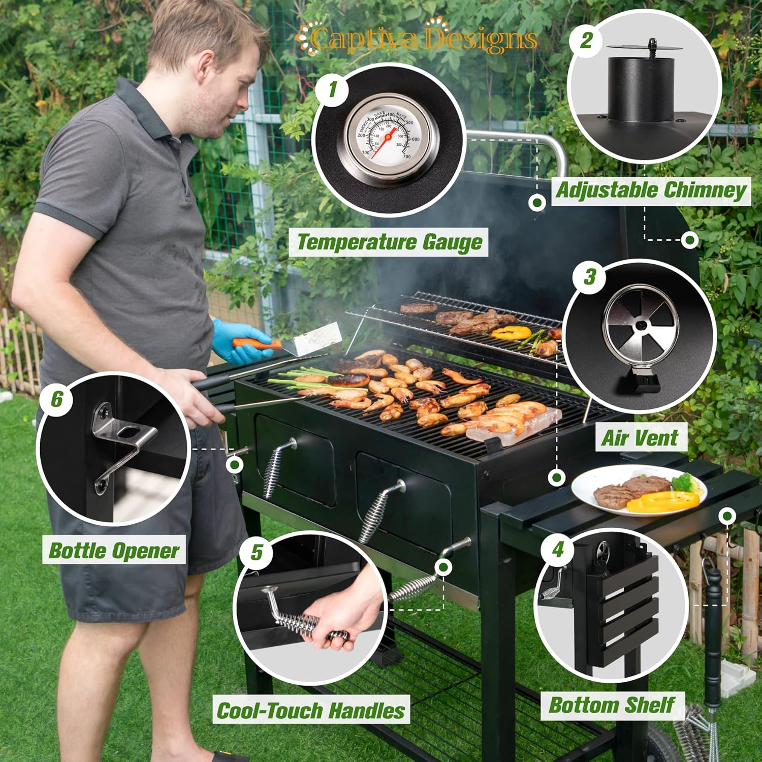 Captiva Designs Extra Large Charcoal BBQ Grill with Oversize Cooking Area(794 SQIN), Outdoor Cooking Grill with 2 Individual Lifting Charcoal Trays and 2 Foldable Side Tables8