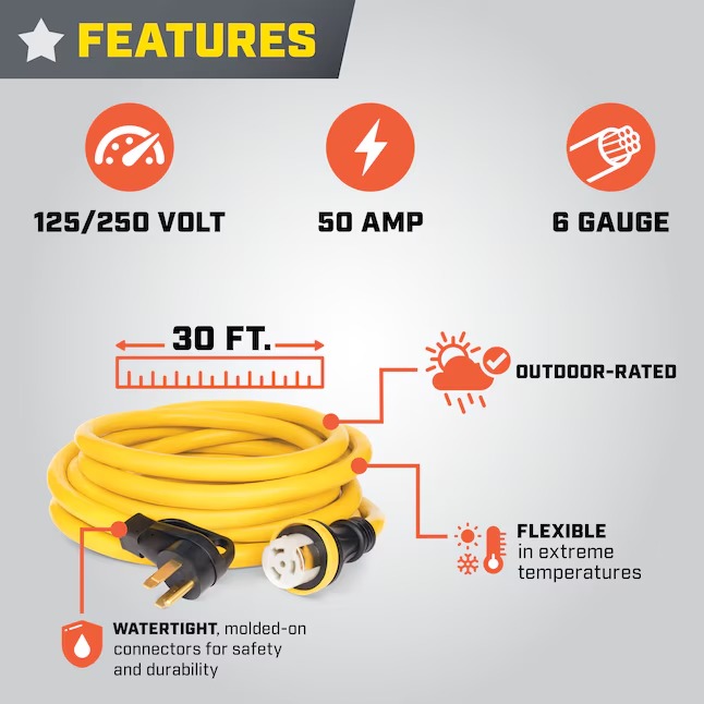 Champion Power Equipment 100828 50-Amp RV Generator 30-ft 1 3 Prong Yellow Outdoor Heavy Duty Locking Extension Cord1_11zon