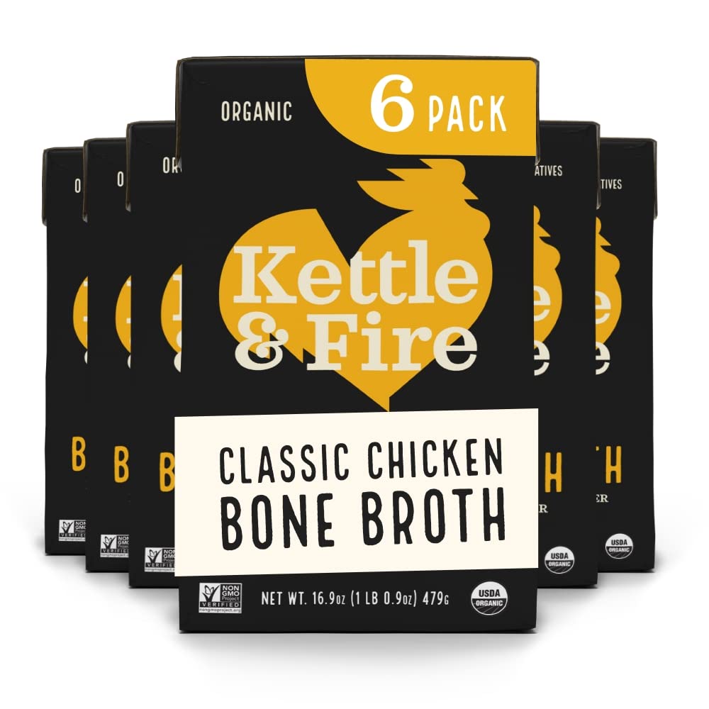 Chicken Bone Broth Soup by Kettle and Fire, Pack of 6, Keto Diet, Paleo Friendly, 10g of protein, 16.9 Ounce (Pack of 6) Chicken Bone Broth Soup by Kettle and Fire, Pack of 6, Keto Diet, Paleo Friendly, Whole 30 Approved, Gluten Free, with Collagen, 10g of protein, 16.9 Ounce (Pack of 6)