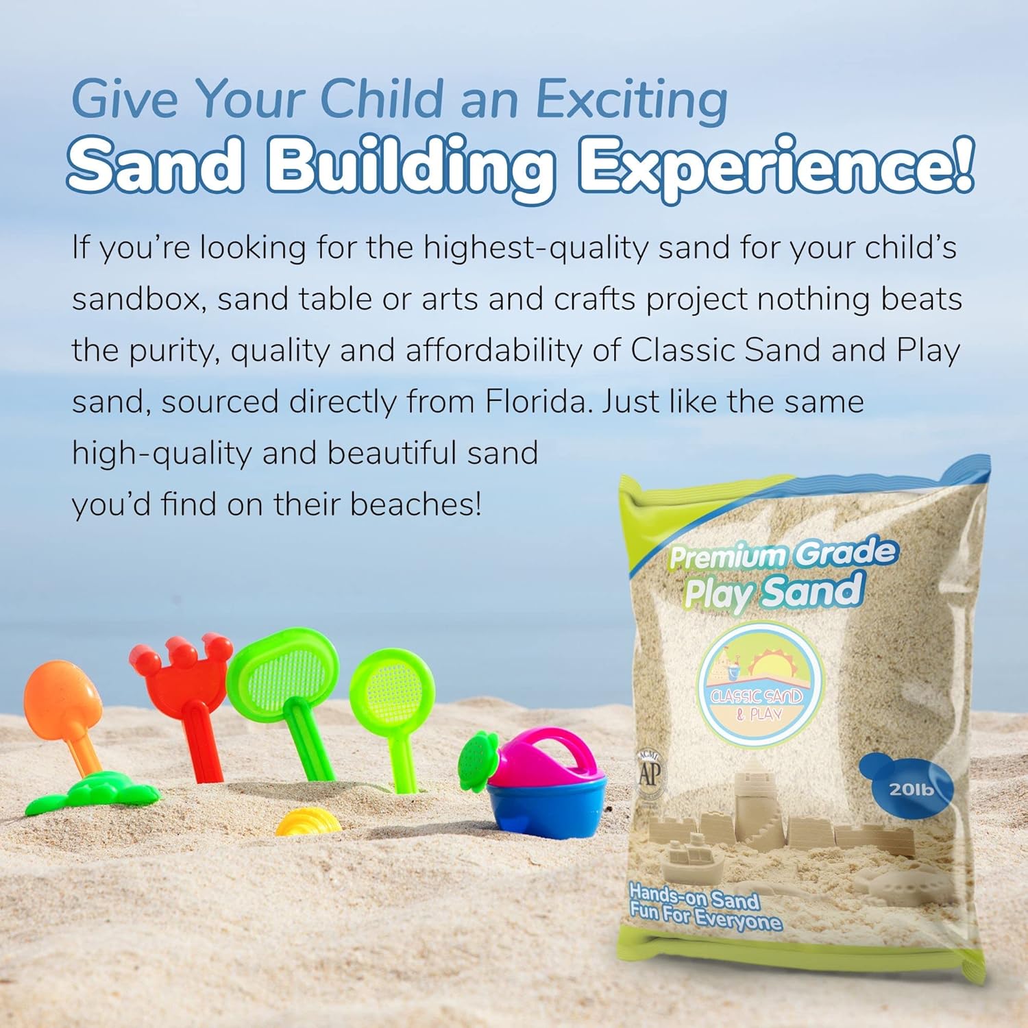 Classic Sand and Play Sand for Sandbox, Table, Therapy, and Outdoor Use, 20 lb. Bag, Natural, Non-Toxic, Wet Castle Building for Creativity and Stimulates Sensory Skills2
