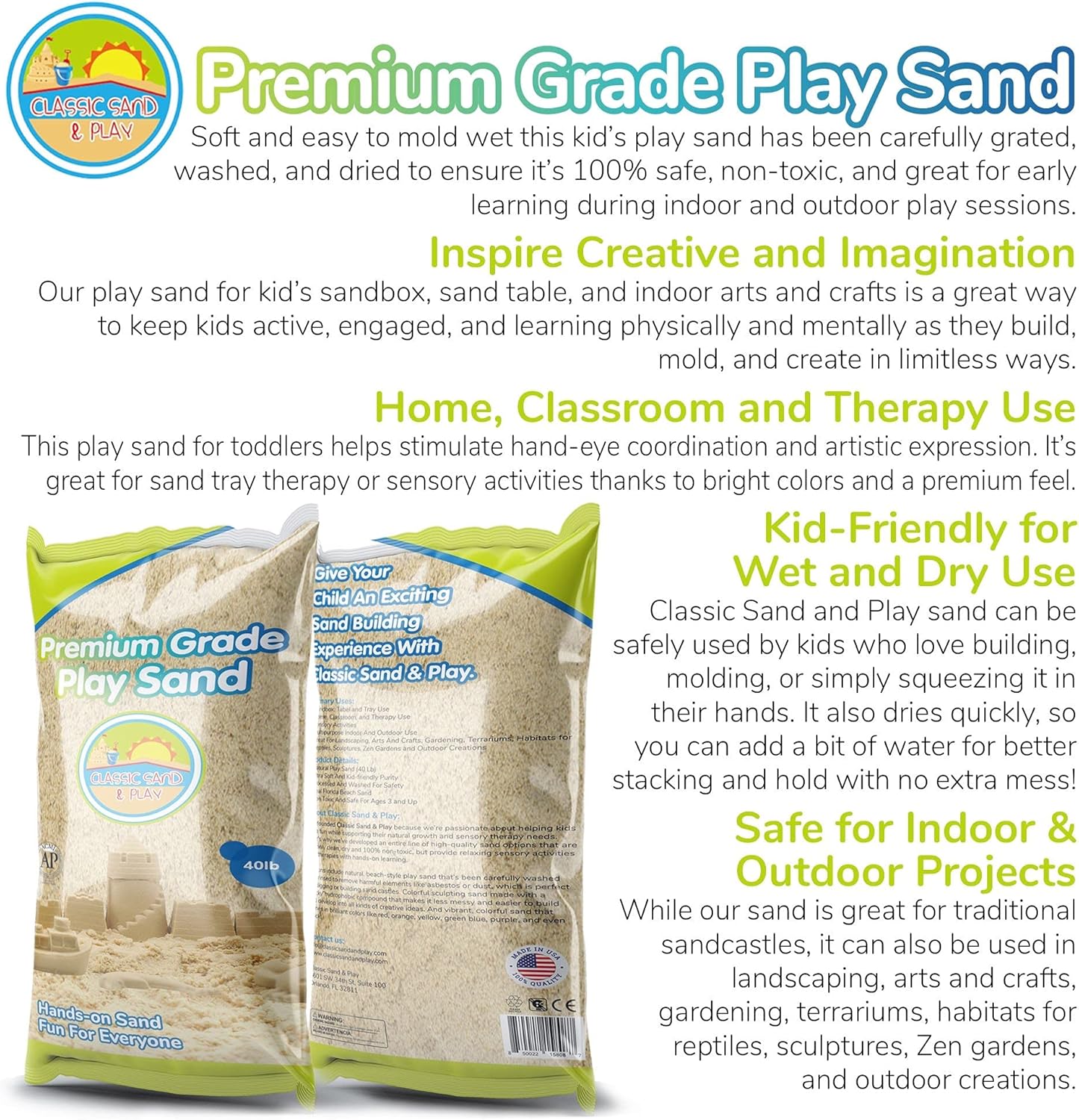 Classic Sand and Play Sand for Sandbox, Table, Therapy, and Outdoor Use, 40 lb. Bag, Natural, Non-Toxic, Wet Castle Building for Creativity and Stimulates Sensory Skills1